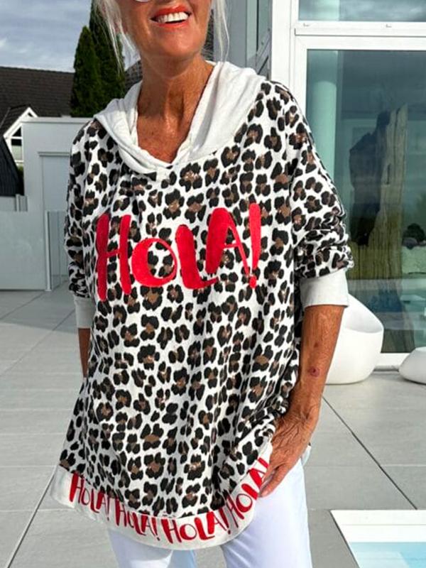 Women's Casual Hooded Leopard Print Pullover Sweatshirt white