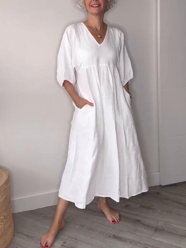 Women's V-neck Solid Color Mid-length Sleeve Dress white