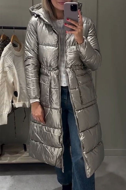 Women's Metallic Silver Hooded Long Coat