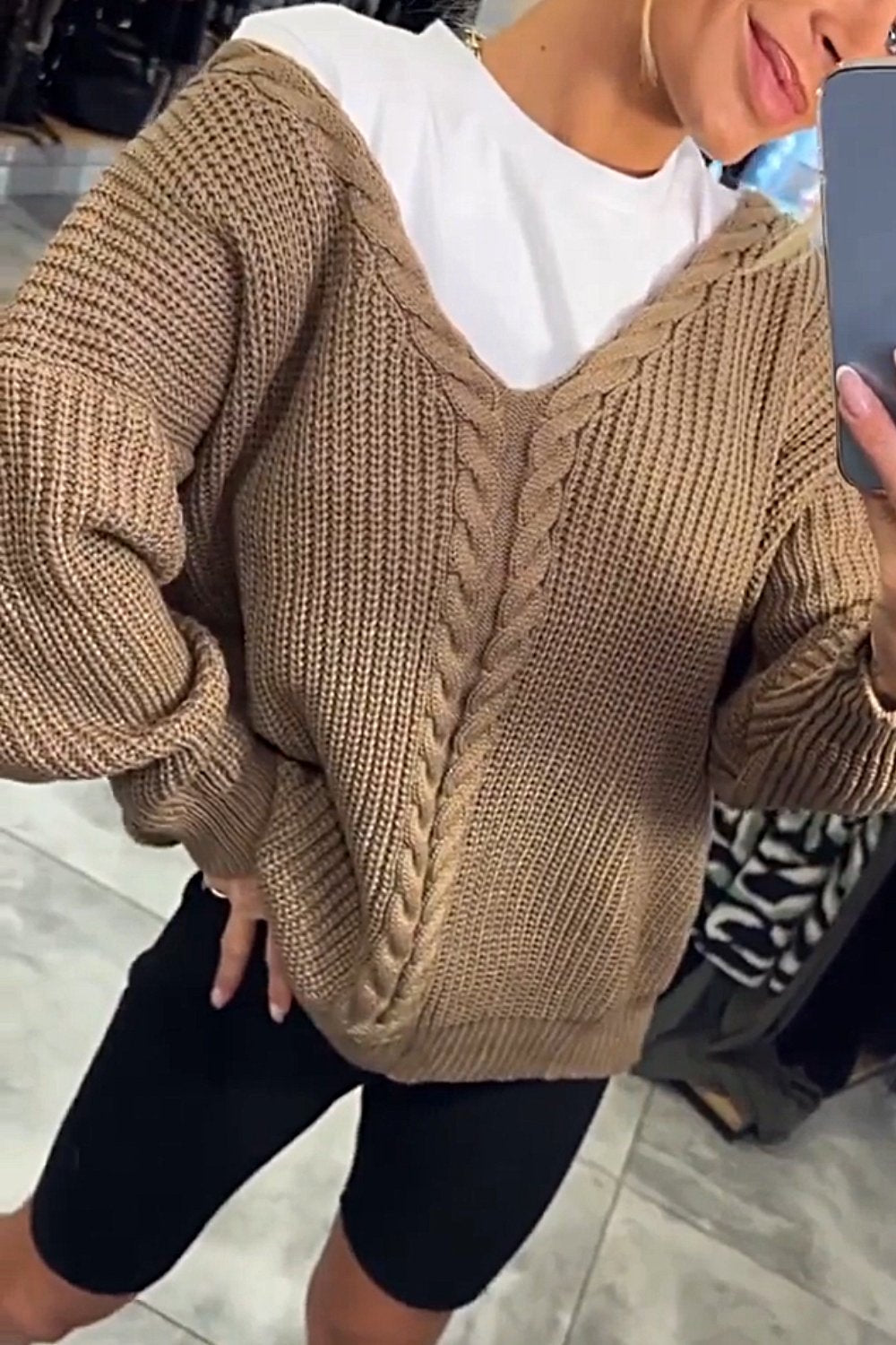 Women's Solid Color V-neck Sweater Top Brown