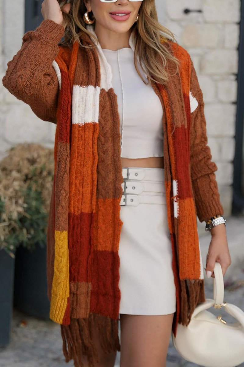 Color Block Sweater Long Sleeve Jacket (scarf Not Included) orange