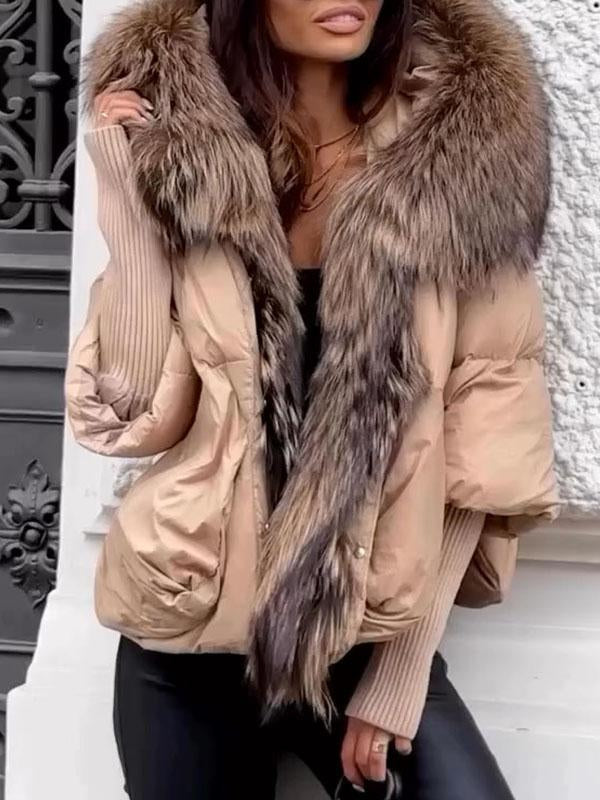 Women's Fur Collar Hooded Patchwork Coat khaki