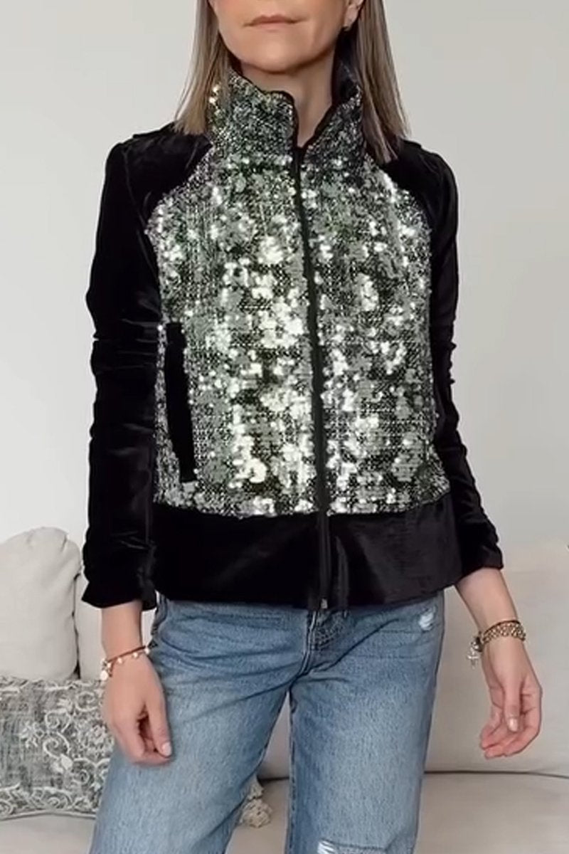 Women's fashionable velvet sequined jacket Black