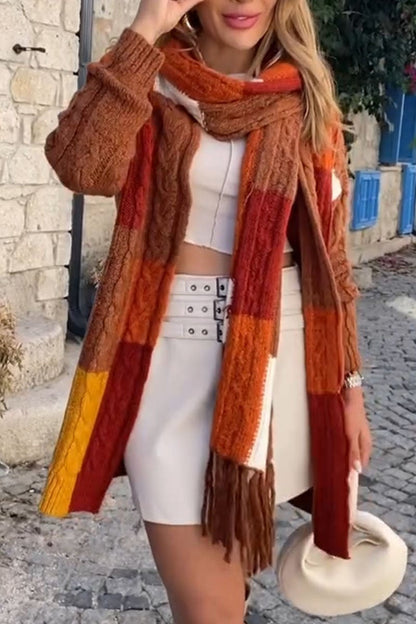 Color Block Sweater Long Sleeve Jacket (scarf Not Included)