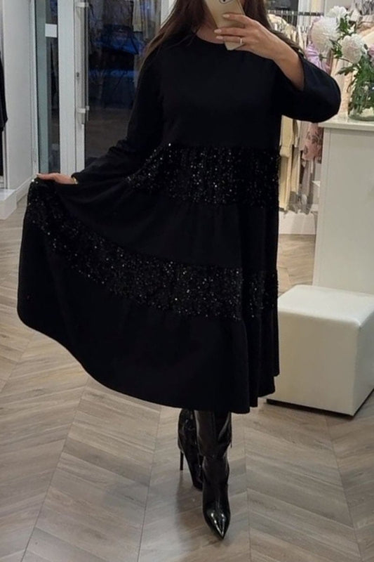 Women's Round-neck Long-sleeved Sequined Dress black