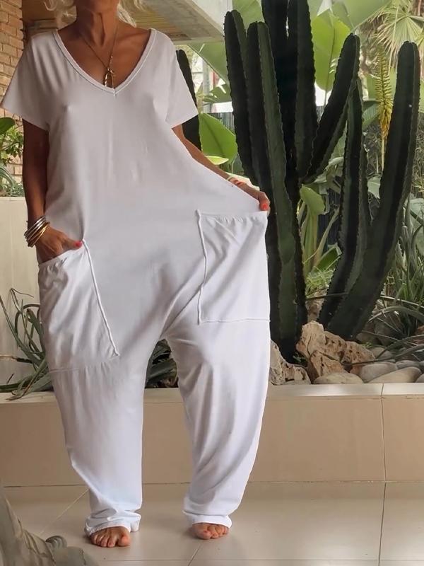 Casual V-neck Solid Color Jumpsuit