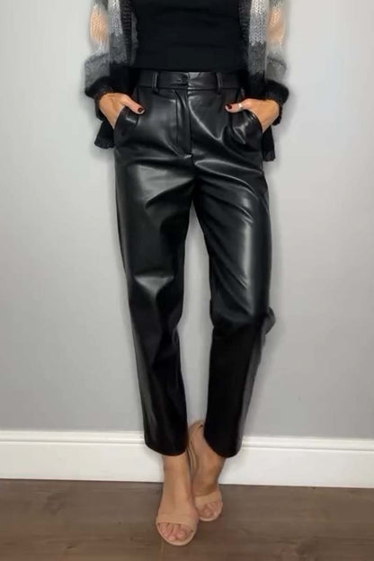 Women's Fashion Solid Color Leather Pants Black