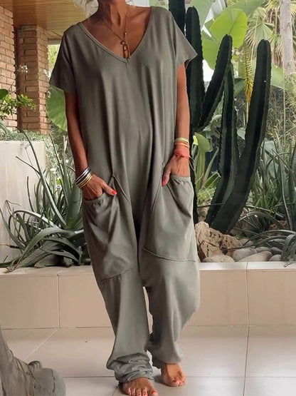 Casual V-neck Solid Color Jumpsuit dark green