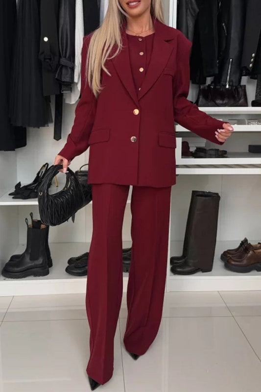 Women's Solid Color Lapel Two Piece Suit red