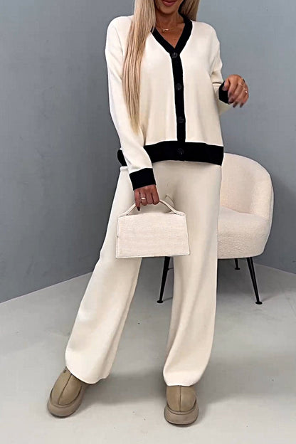 Women's Contrasting Color V-neck Top and Pants Sweater Set White