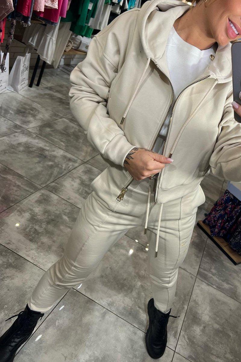 Women's Hooded Long-sleeved Zip-up Jacket Two-piece Suit beige