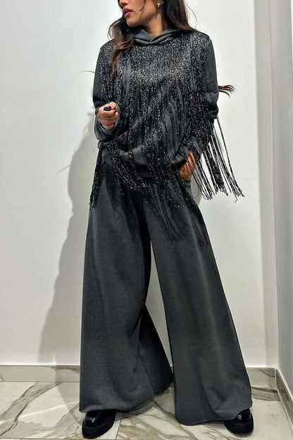 Women's casual fringed hooded sweatshirt and pants set Dark Gray