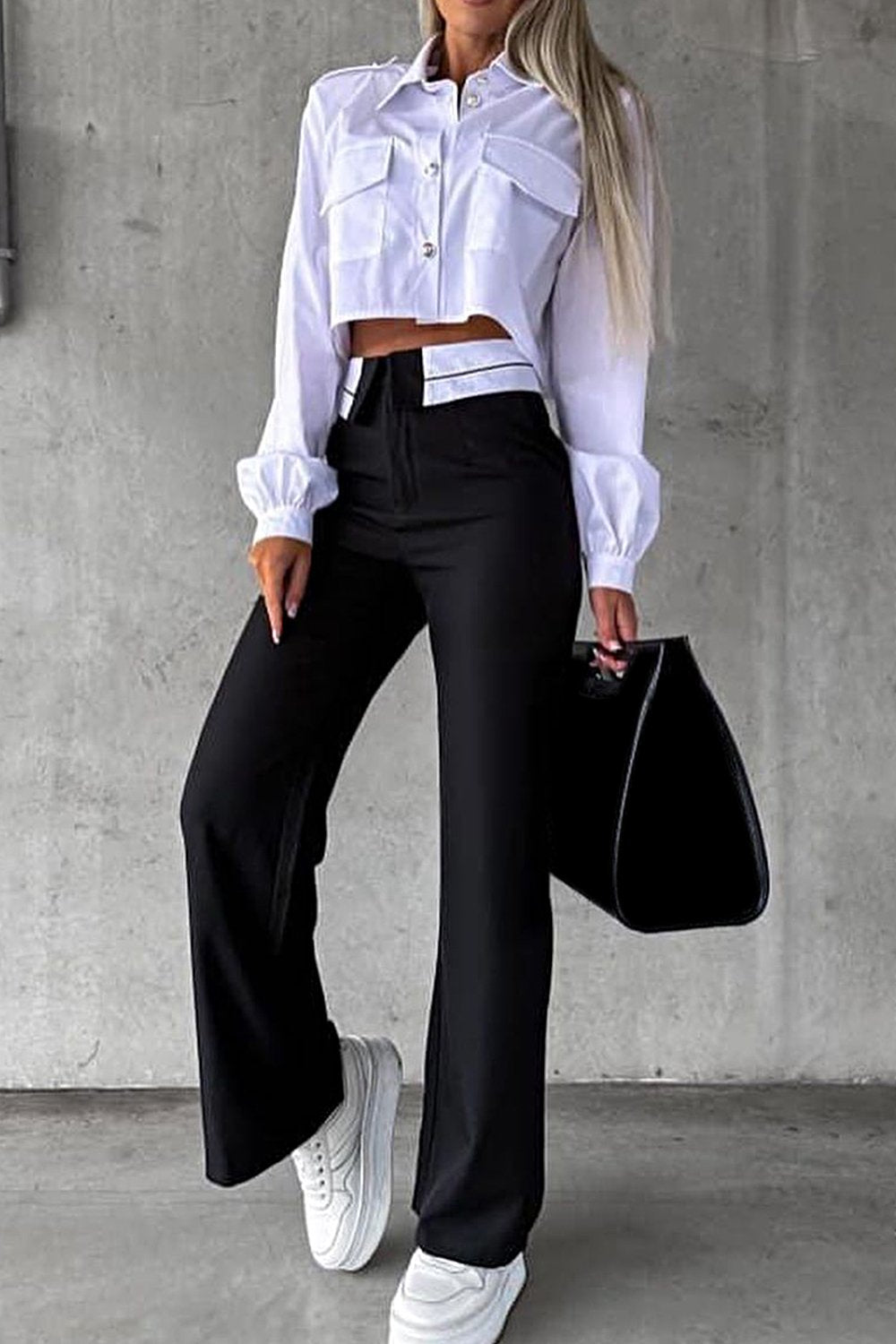 Women's Shirt Top and Pants Two-piece Set White and balck