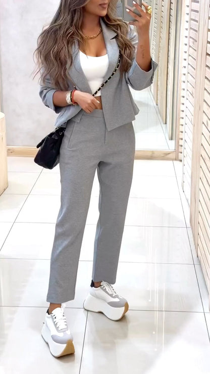 Women's Lapel Long Sleeve Casual Suit grey