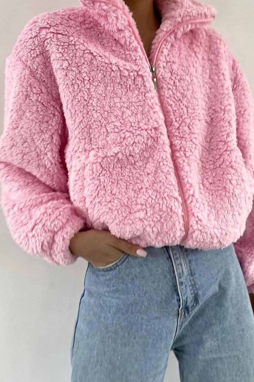 Women's Solid Color Fur Coat Top Pink