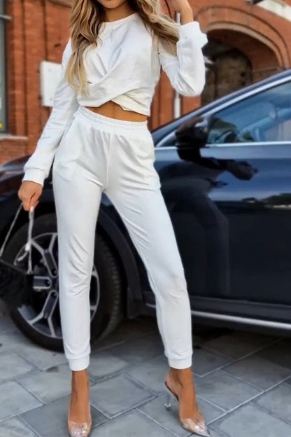 Women's Casual Round Neck Navel-baring Two-piece Suit white