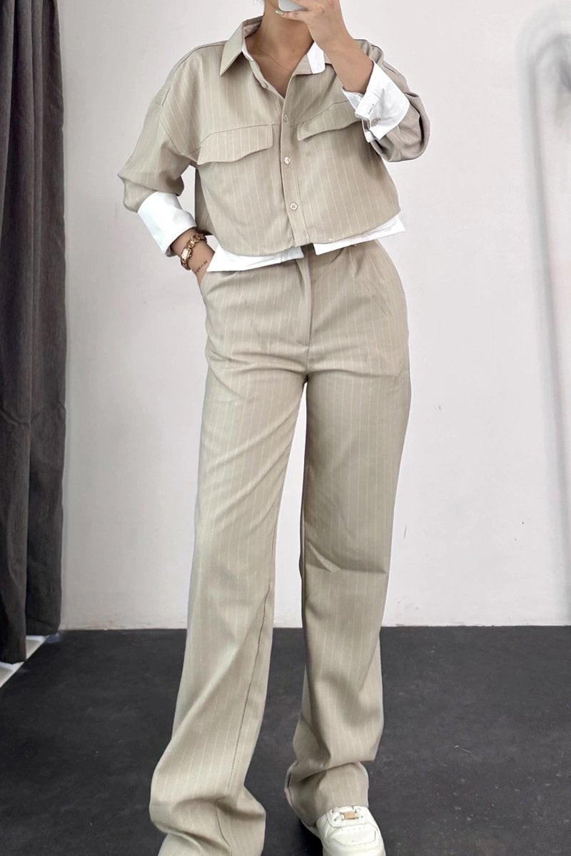 Women's Casual Contrast Color Two Piece Pants Suit