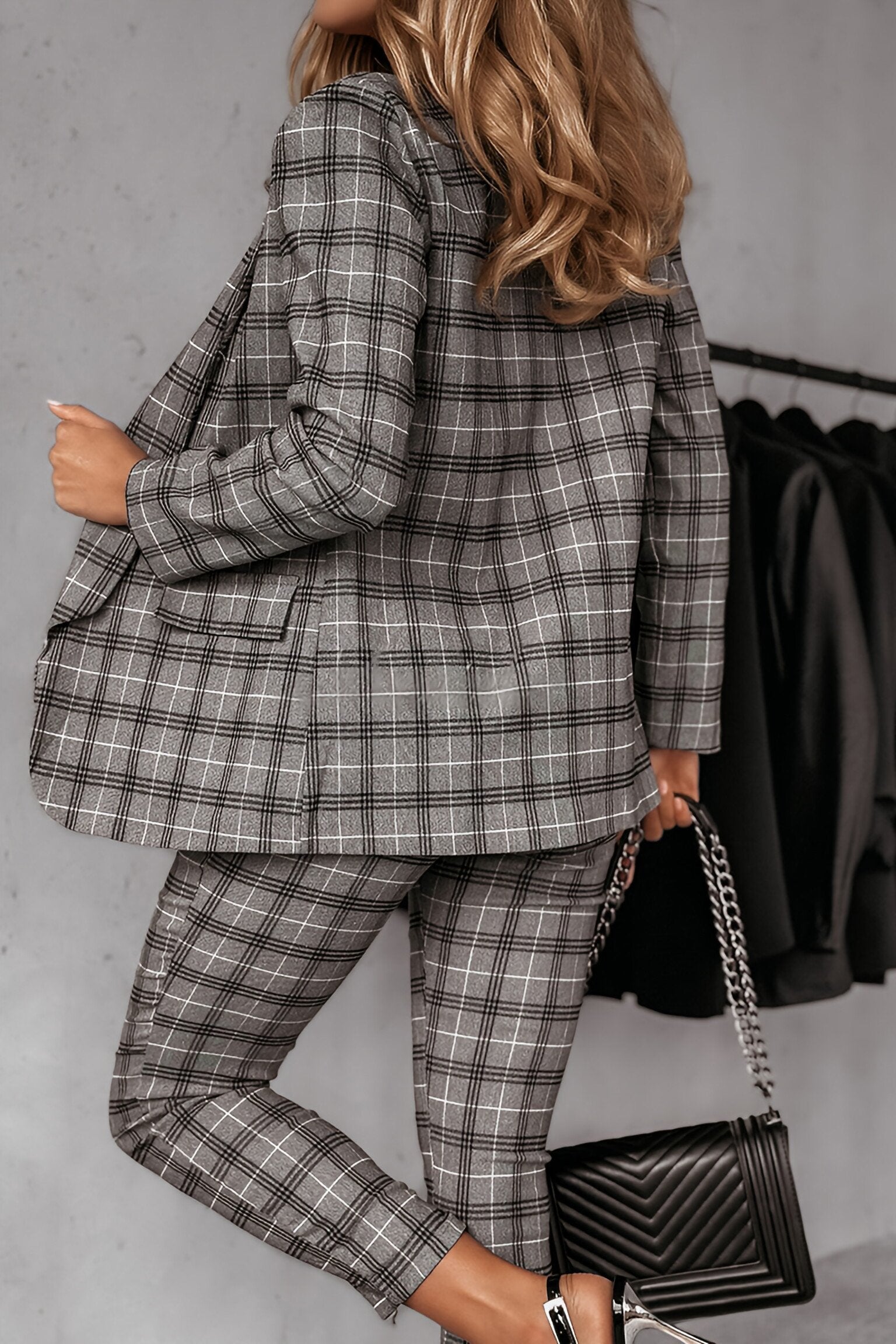 Women's Plaid Long Sleeve Blazers Suit