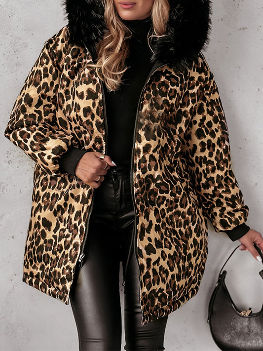 Women's Leopard Print Hooded Reversible Coat leopard