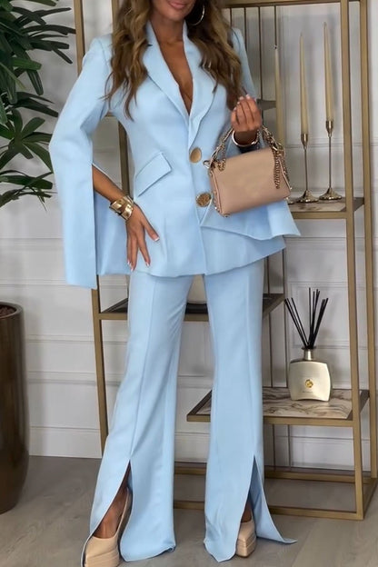 Women's Casual Solid Color Open Blazer Two-piece Set light blue