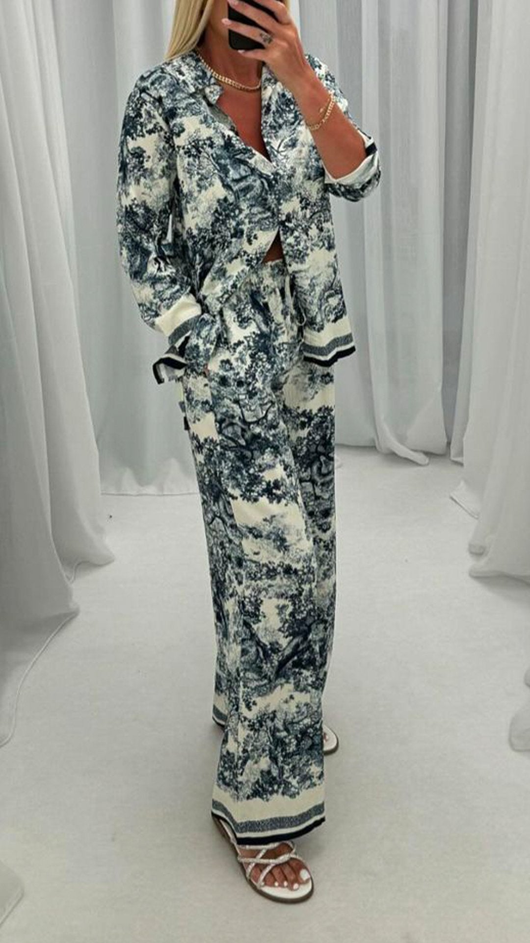 Women's Lapel Long-sleeved Printed Casual Two-piece Suit