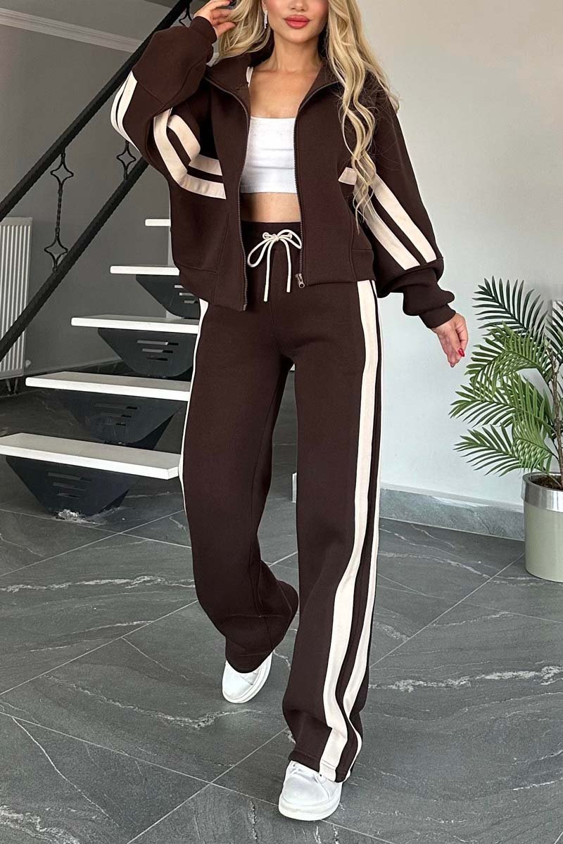 Women's Casual Contrast Web Sports Suit Brown