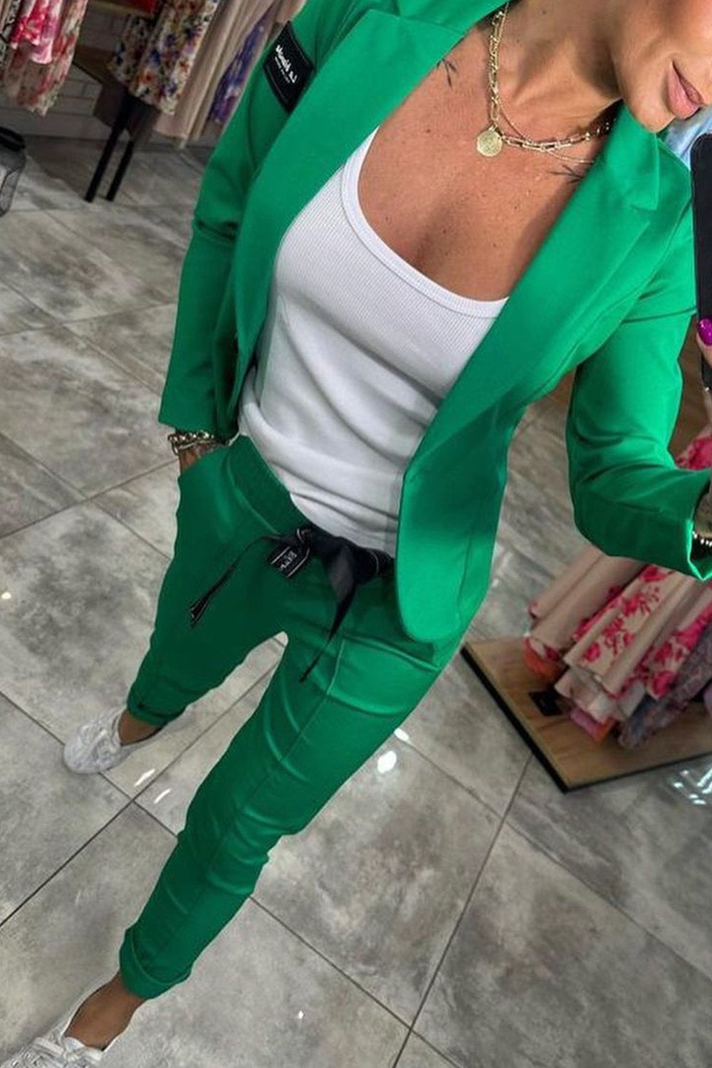 Women's Top Jacket & Elastic Pants Two-piece Set Green