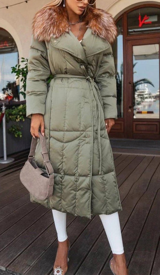 Women's Casual Fur Collar Long Coat green