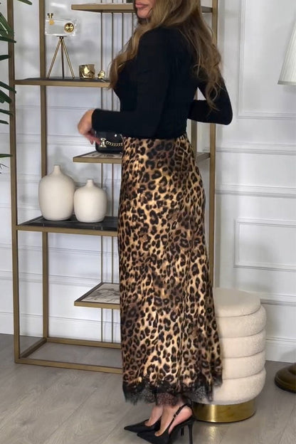 Women's Turtleneck Top and Leopard Print Skirt Two-piece Set