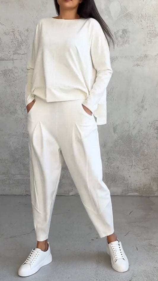 Casual Round Neck Long Sleeve Two Piece Suit off-white