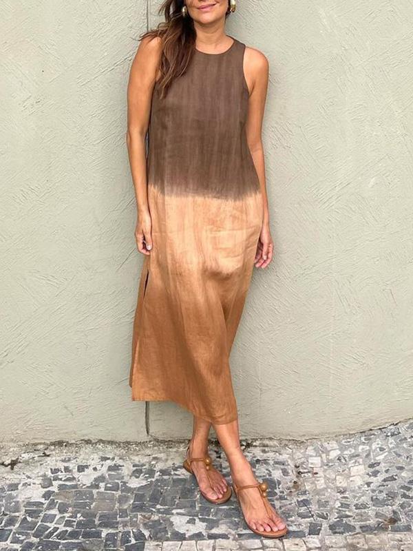 Women's casual cotton and linen sleeveless slit gradient tie-dye long dress Brown