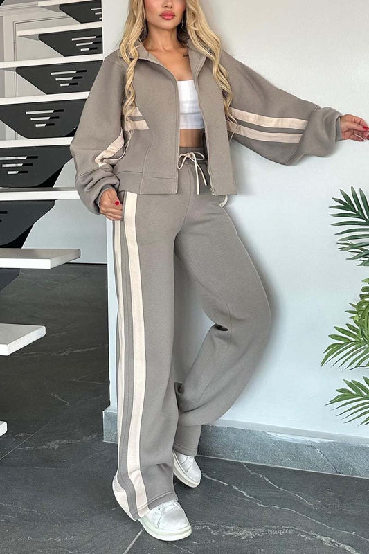 Women's Casual Contrast Web Sports Suit Gray