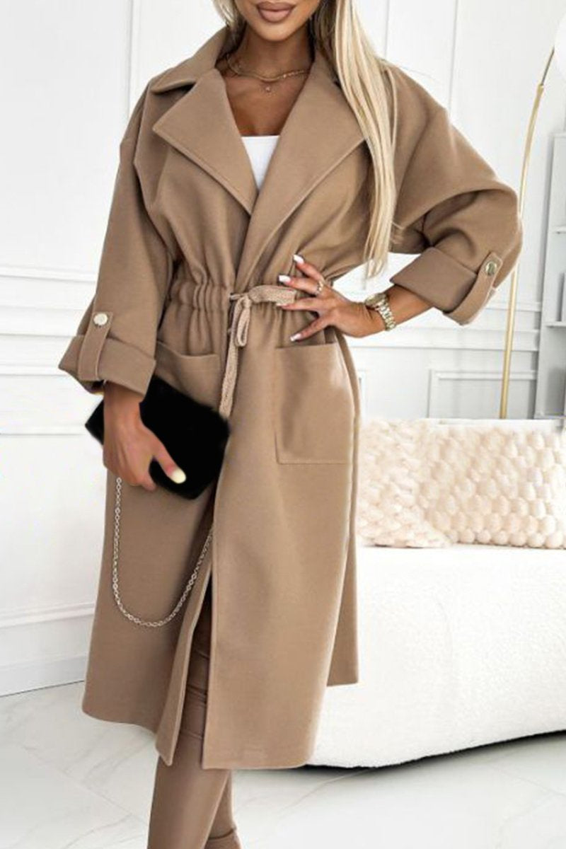 Ladies Lapel Long Sleeve Drawstring Design Long Coat