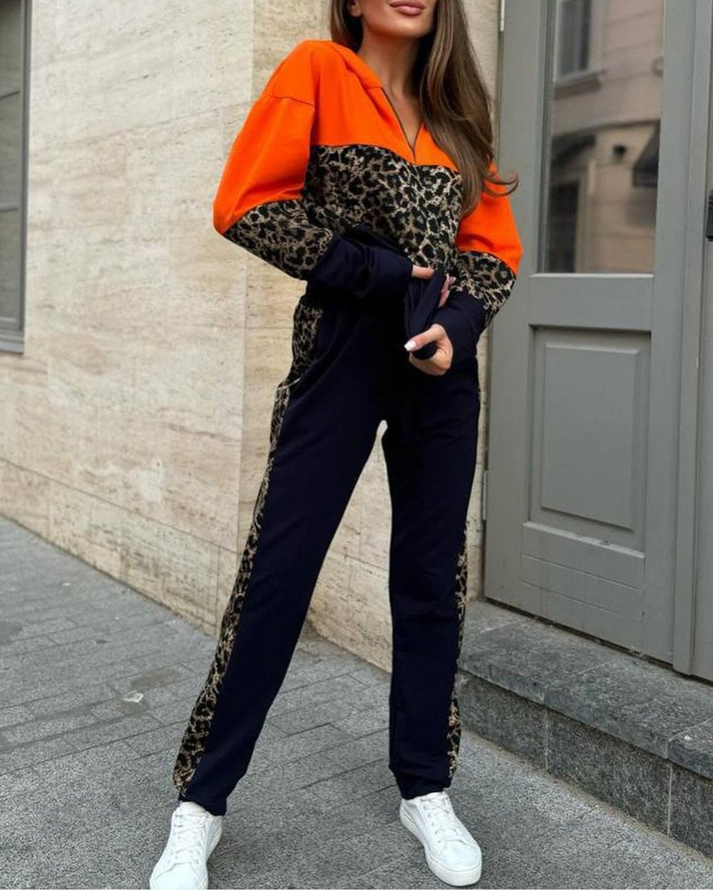 Women's Stylish Contrast Color Leopard Print Casual Suit Orange leopard pattern