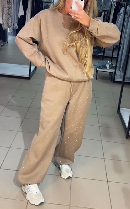 Women's Casual Round Neck Diamond Hooded Two Piece Suit apricot