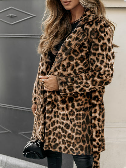 Women's Lapel Long Sleeve Leopard Print Fur Collar Casual Coat