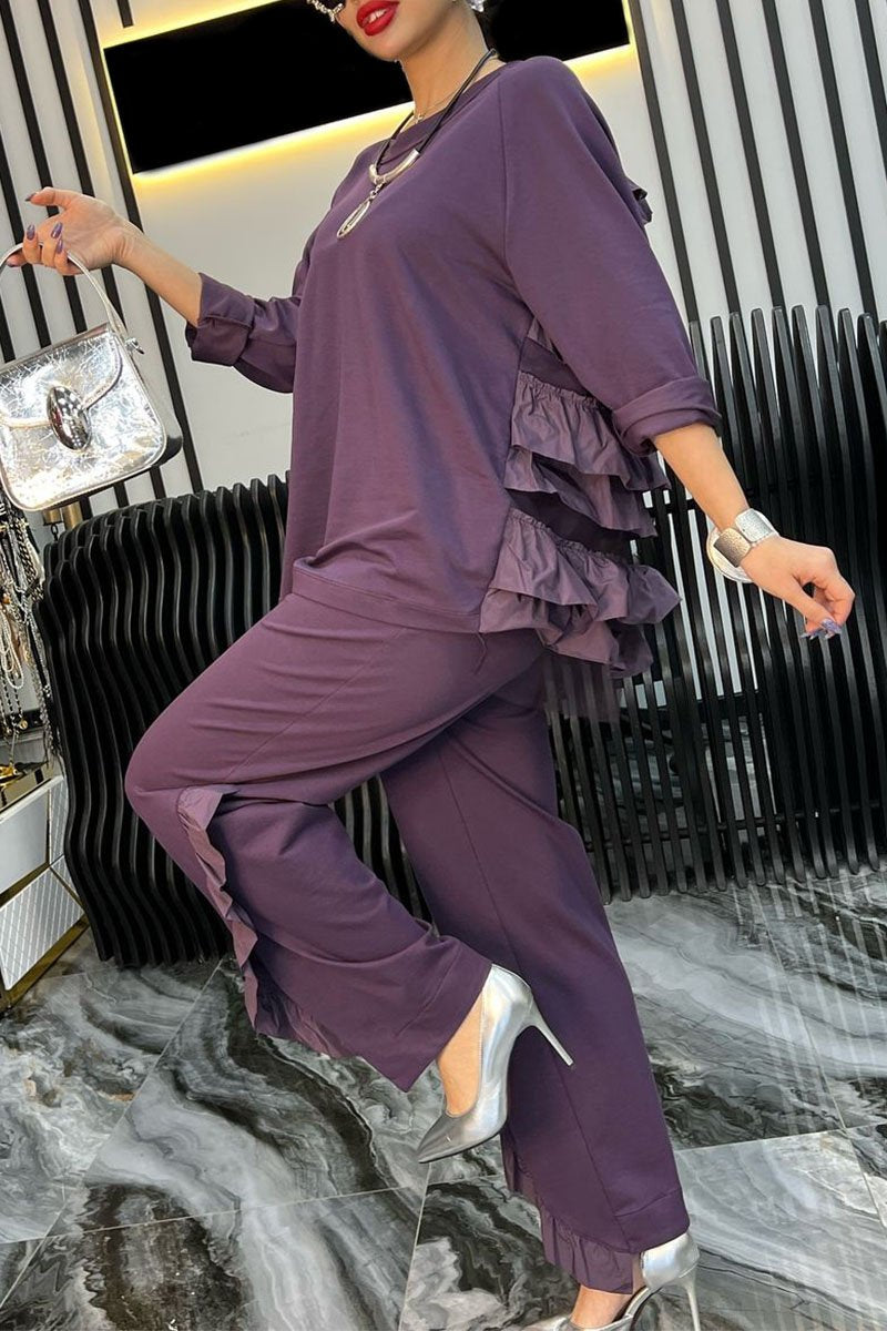 Women's Solid Color Ruffled Top and Trousers Set purple