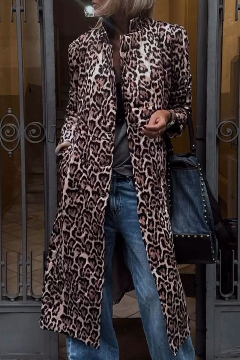 Women's Leopard Print High Collar Long Sleeve Trench Coat leopard