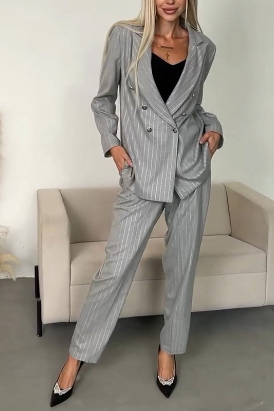 Women's Casual Lapel Striped Suit Two Piece gray