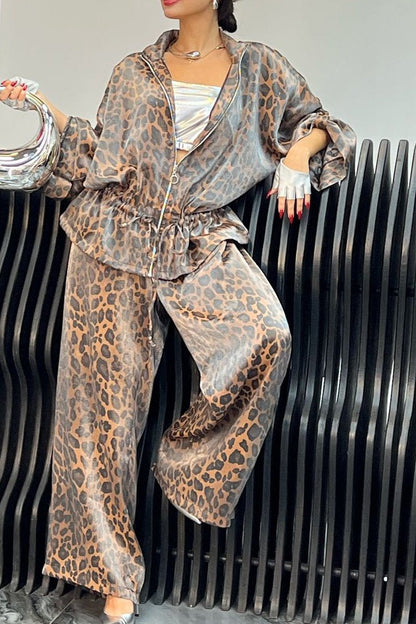 Women's Lapel Mid Sleeve Leopard Print Casual Suit