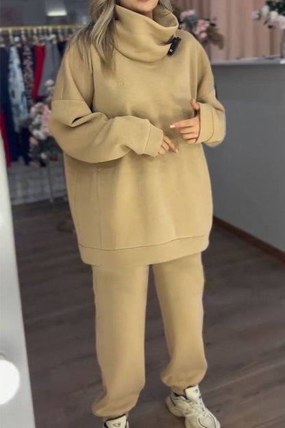 Women's Turtleneck Long Sleeve Sweatshirt Two Piece Set khaki