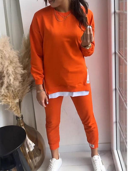 Women's Patchwork Fake Two-piece Top and Pants Sweatshirt Two-piece Set Orange