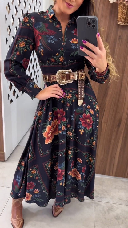 Women's Lapel Long Sleeve Retro Print Casual Dress