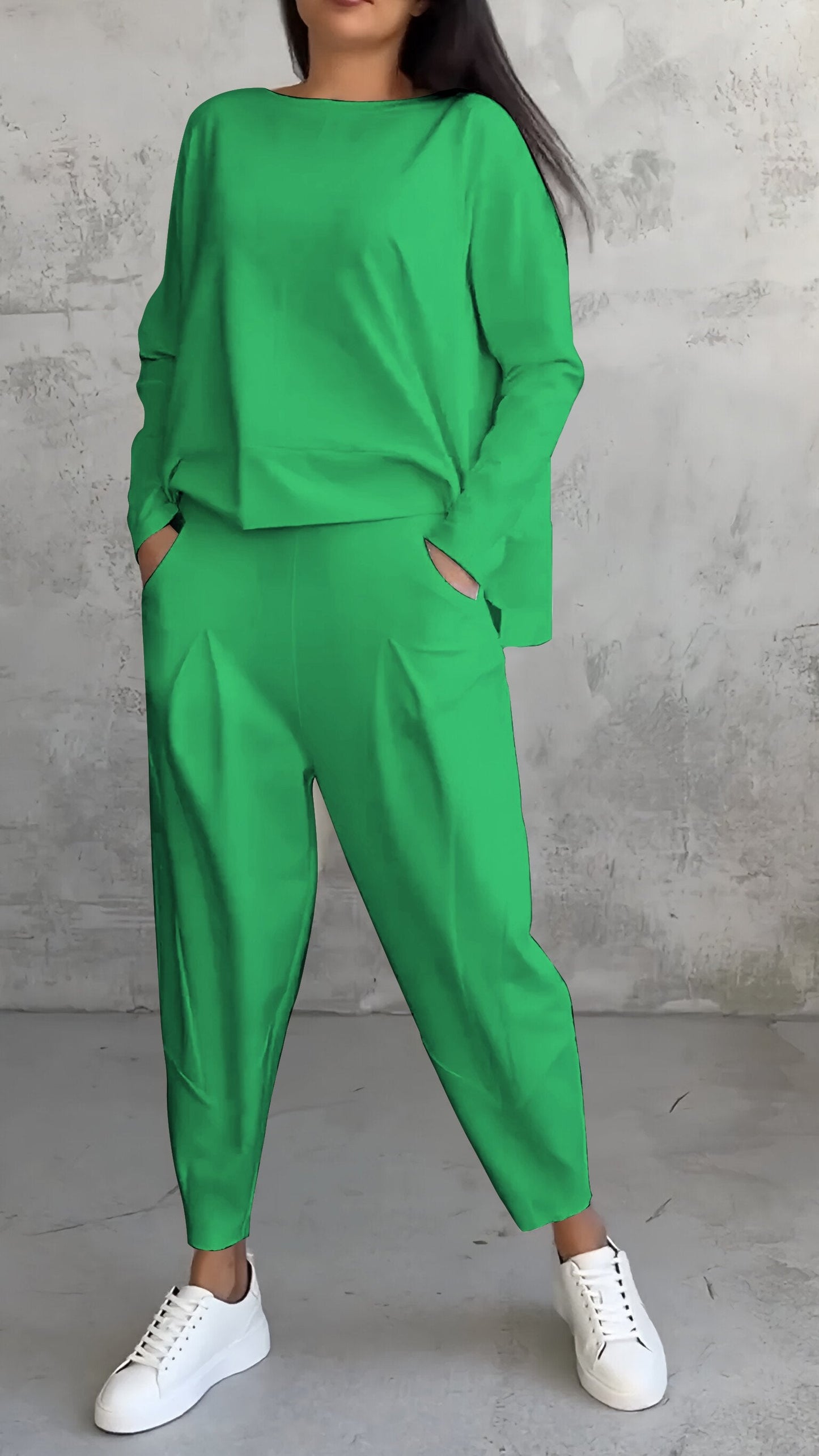 Casual Round Neck Long Sleeve Two Piece Suit green