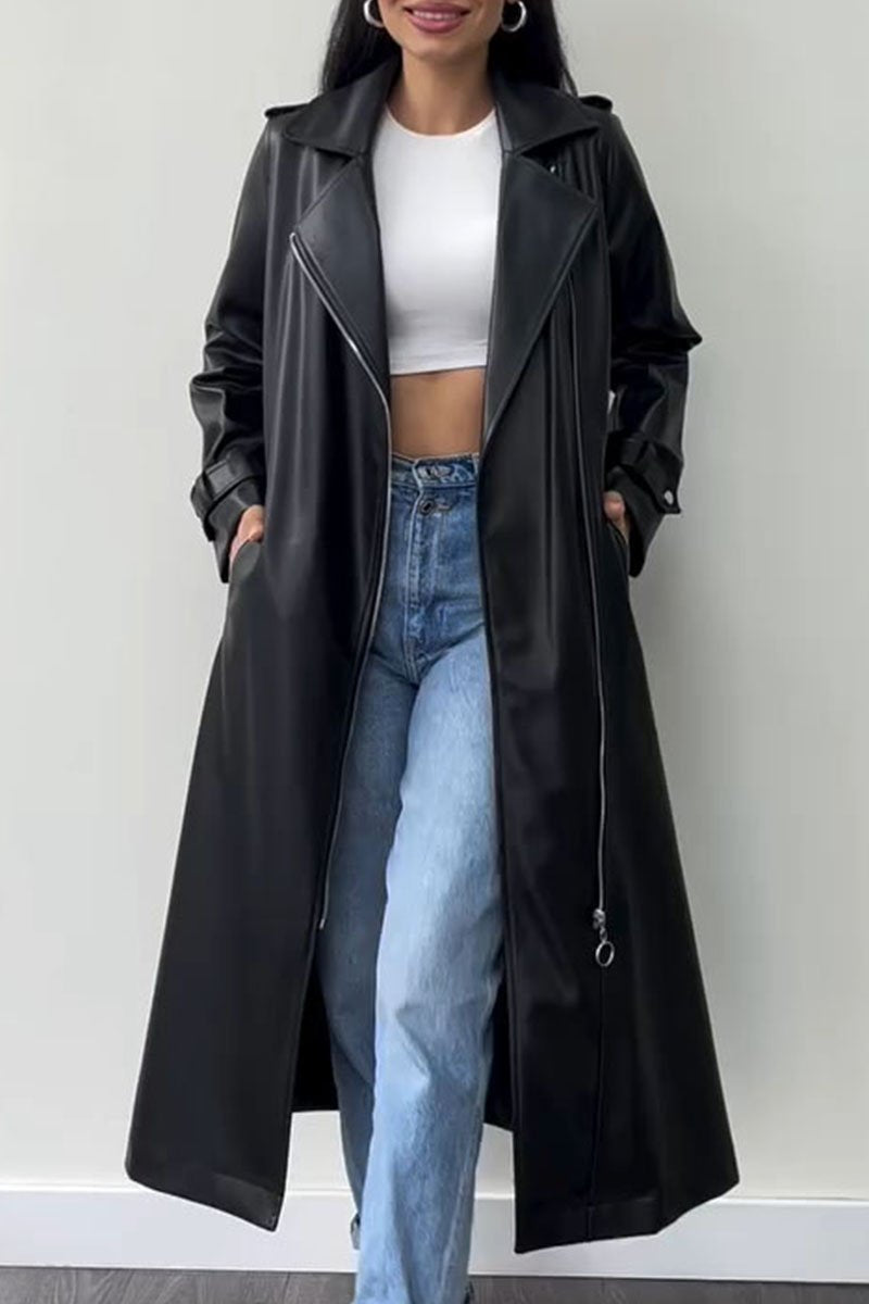 Women's Solid Color Lapel Trench Coat black