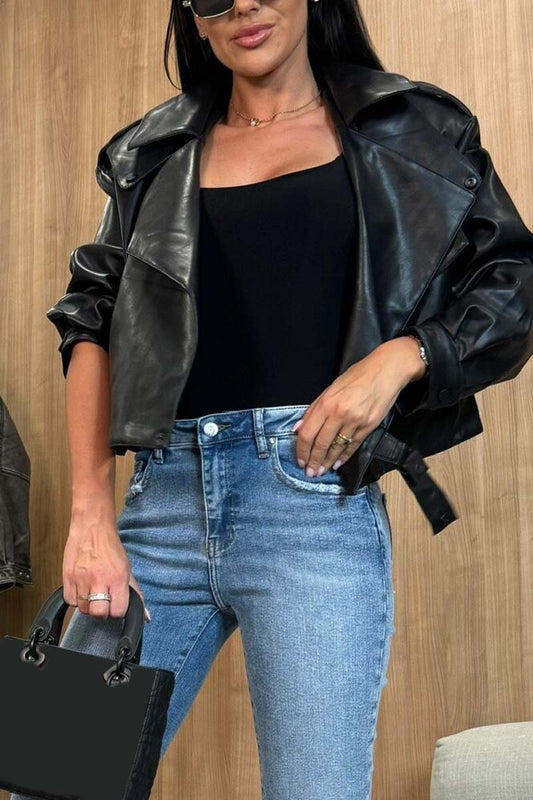 Women's Lapel Short Leather Jacket Black