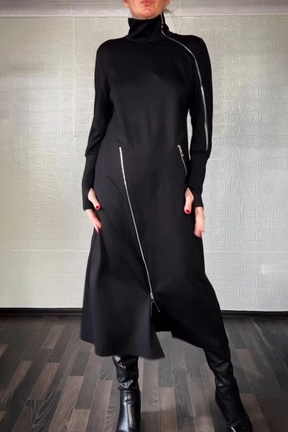 Women's Turtleneck Long Sleeve Patchwork Dress black