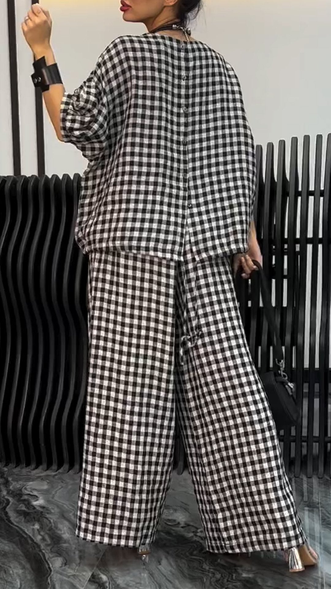 Women's Round Neck Mid-length Sleeve Plaid Print Casual Two-piece Suit