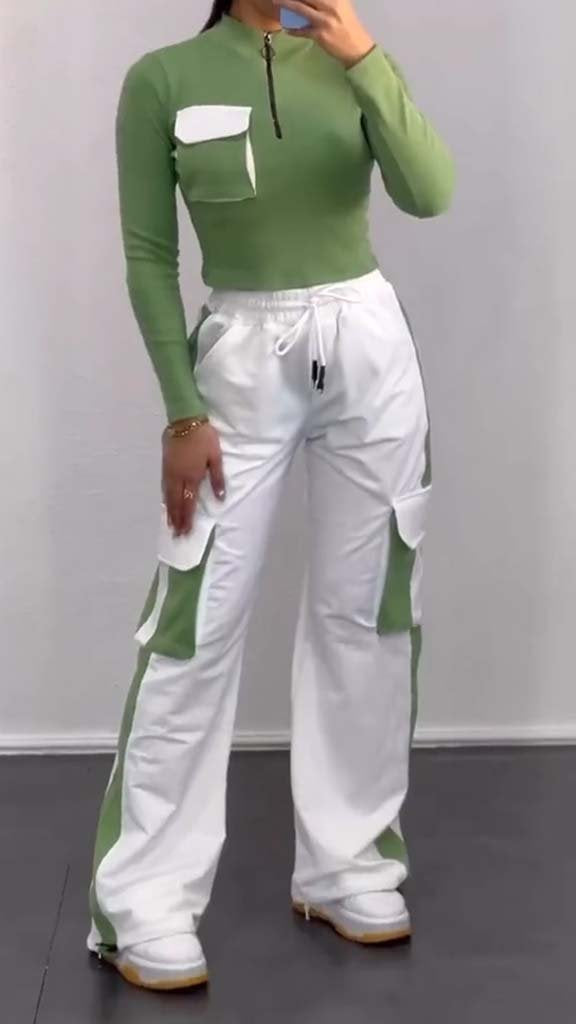 Women's Casual Long Sleeve Colorblock Tracksuit green