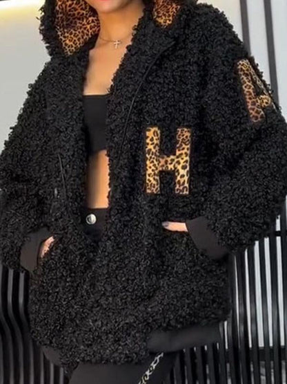 Women's Leopard Print Plush Long Sleeve Hooded Coat